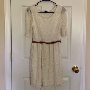White lace dress with brown belt